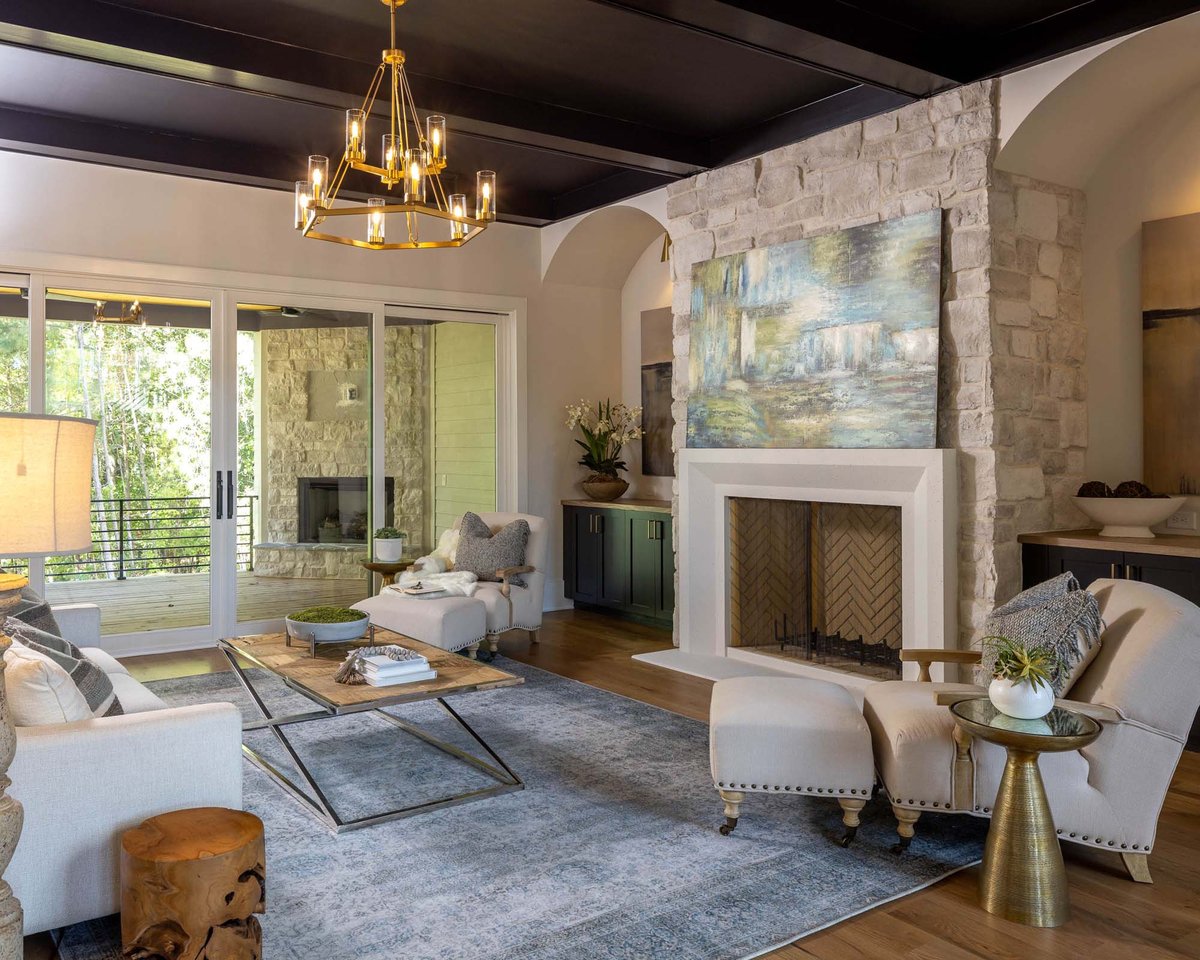 atlanta custom home modern living room with fireplace