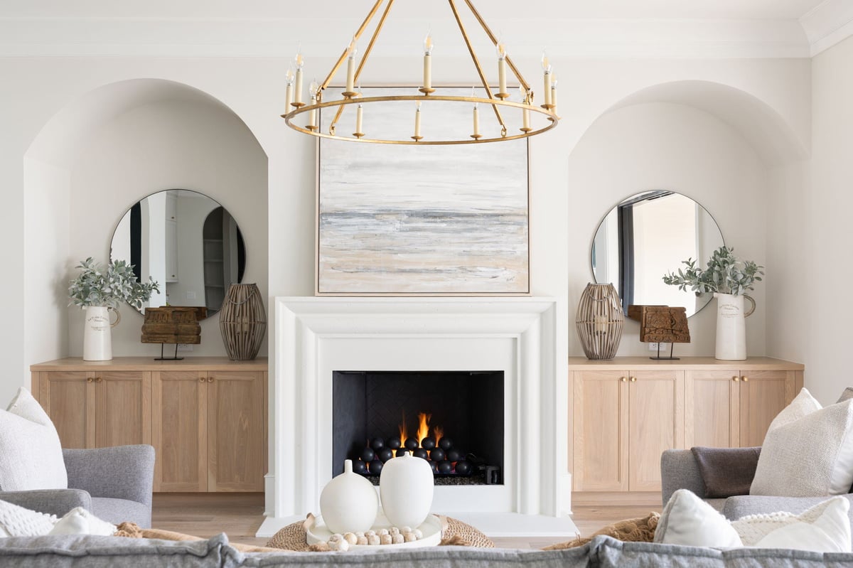 Fireplace in New Construction Home with Built ins with Storage